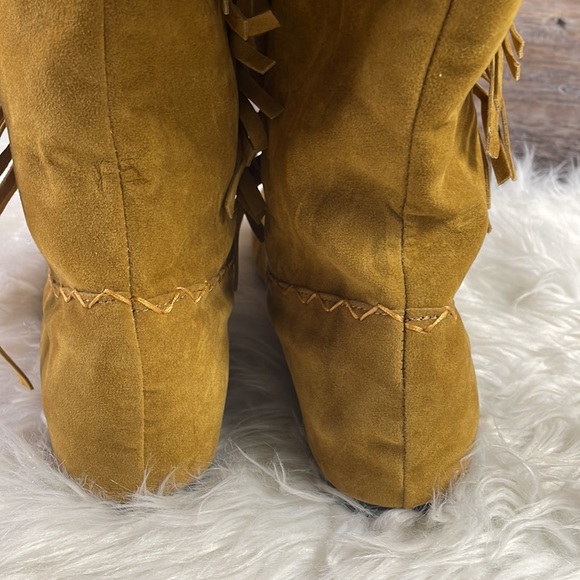 Ladies Moccasin Knee High Suede Wide Calf Leg Boots, Tan, - Picture 11 of 13
